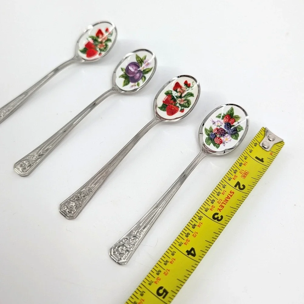 Avon Vintage Demitasse Jam Spoons Set of 4 Fruit Porcelain Inlay Stainless Japan